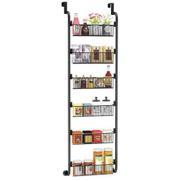 1Easylife 6-Tier Over the Door Pantry Organizer, Heavy-Duty Metal with 6 Baskets, Hanging Storage and Organization for Kitchen, Spice Rack (6x4.72 Width Baskets, Black)
