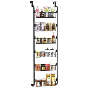 1Easylife 6-Tier Over the Door Pantry Organizer, Heavy-Duty Metal with 6 Baskets, Hanging Storage and Organization for Kitchen, Spice Rack (6x4.72 Width Baskets, Black)