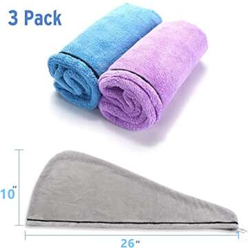 AmazerBath Microfiber Hair Towel Wrap, 3 Pack Super Absorbent Hair Turbans for Women Wet Hair No Frizz, 26 x 10 Inches Quick Dry Hair Towels Cap for Drying Curly, Long & Thick Hair
