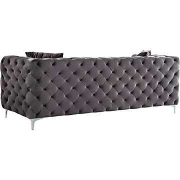 Meridian Furniture Scarlett Collection Modern | Contemporary Velvet Upholstered Sofa with Deep Button Tufting and Custom Chrome Legs, Grey, 87" W x 35.5" D x 30.5" H