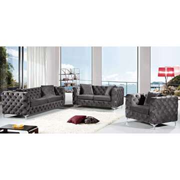 Meridian Furniture Scarlett Collection Modern | Contemporary Velvet Upholstered Sofa with Deep Button Tufting and Custom Chrome Legs, Grey, 87" W x 35.5" D x 30.5" H
