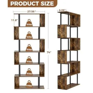 Gadroad 6 Tier Geometric Bookcase,S Shaped Bookshelf, Wood Decorative Storage Shelving, Modern Freestanding Display Shelves, Tall Book Shelf Unit for Living Room Bedroom, Rustic Brown