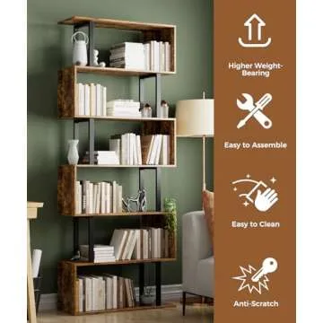 Gadroad 6 Tier Geometric Bookcase,S Shaped Bookshelf, Wood Decorative Storage Shelving, Modern Freestanding Display Shelves, Tall Book Shelf Unit for Living Room Bedroom, Rustic Brown