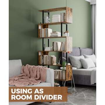 Gadroad 6 Tier Geometric Bookcase,S Shaped Bookshelf, Wood Decorative Storage Shelving, Modern Freestanding Display Shelves, Tall Book Shelf Unit for Living Room Bedroom, Rustic Brown