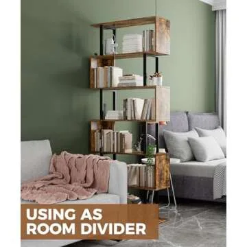 Gadroad 6 Tier Geometric Bookcase,S Shaped Bookshelf, Wood Decorative Storage Shelving, Modern Freestanding Display Shelves, Tall Book Shelf Unit for Living Room Bedroom, Rustic Brown