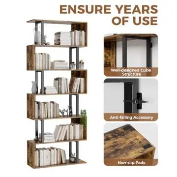 Gadroad 6 Tier Geometric Bookcase,S Shaped Bookshelf, Wood Decorative Storage Shelving, Modern Freestanding Display Shelves, Tall Book Shelf Unit for Living Room Bedroom, Rustic Brown