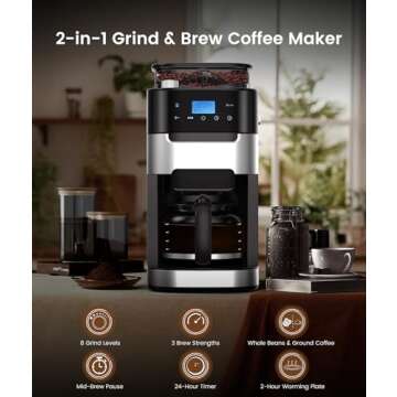 COWSAR 10-Cup Drip Coffee Maker with Built-In Grinder, 24-Hour Programmable, Adjustable Grind & Brew...