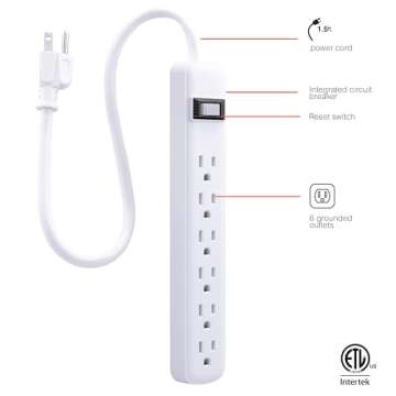 GE 6-Outlet Power Strip, 2 Pack, 1.5 Ft Extension Cord, Heavy Duty Plug, Grounded, Integrated Circuit Breaker, 3-Prong, Wall Mount, UL Listed, White, 14833