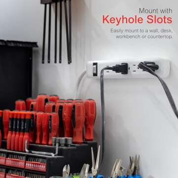 GE 6-Outlet Power Strip, 2 Pack, 1.5 Ft Extension Cord, Heavy Duty Plug, Grounded, Integrated Circuit Breaker, 3-Prong, Wall Mount, UL Listed, White, 14833