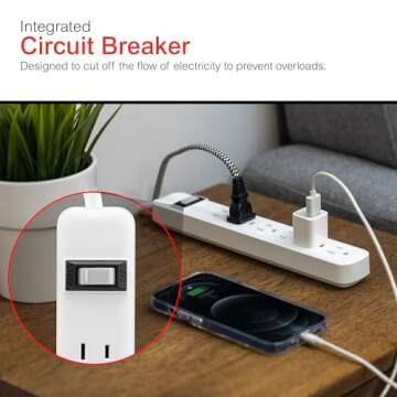 GE 6-Outlet Power Strip, 2 Pack, 1.5 Ft Extension Cord, Heavy Duty Plug, Grounded, Integrated Circuit Breaker, 3-Prong, Wall Mount, UL Listed, White, 14833