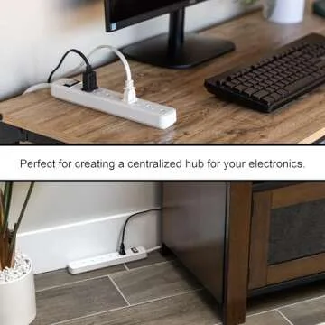 GE 6-Outlet Power Strip, 2 Pack, 1.5 Ft Extension Cord, Heavy Duty Plug, Grounded, Integrated Circuit Breaker, 3-Prong, Wall Mount, UL Listed, White, 14833