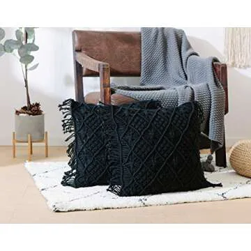 Throw Pillow Cases, Decorative Cushion Cover, Boho Woven Pillowcase for Home Party Office and Outdoor Decoration, Soft Woven Pillow Case with Tassels, Set of 2 Macrame Cushion Case (17"x17", Black)