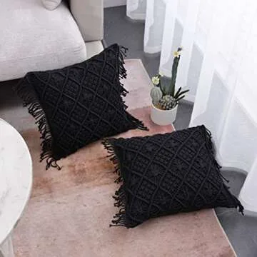 Throw Pillow Cases, Decorative Cushion Cover, Boho Woven Pillowcase for Home Party Office and Outdoor Decoration, Soft Woven Pillow Case with Tassels, Set of 2 Macrame Cushion Case (17"x17", Black)