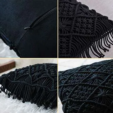 Throw Pillow Cases, Decorative Cushion Cover, Boho Woven Pillowcase for Home Party Office and Outdoor Decoration, Soft Woven Pillow Case with Tassels, Set of 2 Macrame Cushion Case (17"x17", Black)