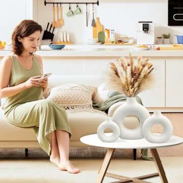 White Ceramic Vases Set 3 for Modern Home Decor,Round Matte Pampas Flower Vases Minimalist Nordic Bo...