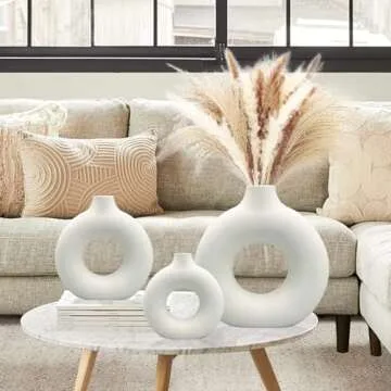 White Ceramic Vases Set 3 for Modern Home Decor,Round Matte Pampas Flower Vases Minimalist Nordic Boho Ins Style for Wedding Dinner Table Party Living Room Office Bedroom, Decorative Gift