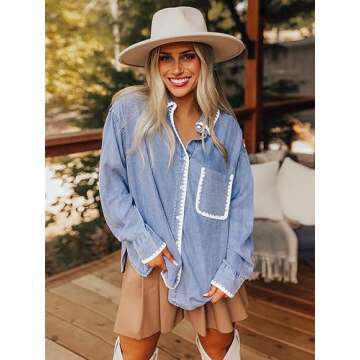 Casual Denim Shirt Women Button Down Blouses Oversized Long Sleeve Jean Shacket 2025