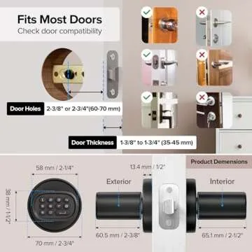 Door Lock Knob with Keypad Keyless Entry Door Knob Electric Coded Indoor Door Knob for Interior Doors Thickness up to 2-1/4", Bedroom, Home Office, Garage, 4xAA Alkaline Battery, M1 Black