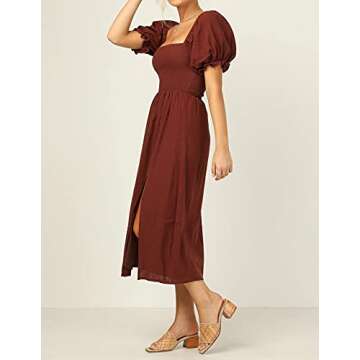 R.Vivimos Summer Dress for Women Cotton Puff Sleeves Casual Off-Shoulder Boho Side Slit Midi Dress (Small, RustRed)