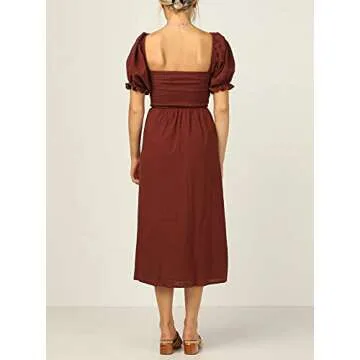 R.Vivimos Summer Dress for Women Cotton Puff Sleeves Casual Off-Shoulder Boho Side Slit Midi Dress (Small, RustRed)