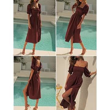 R.Vivimos Summer Dress for Women Cotton Puff Sleeves Casual Off-Shoulder Boho Side Slit Midi Dress (Small, RustRed)