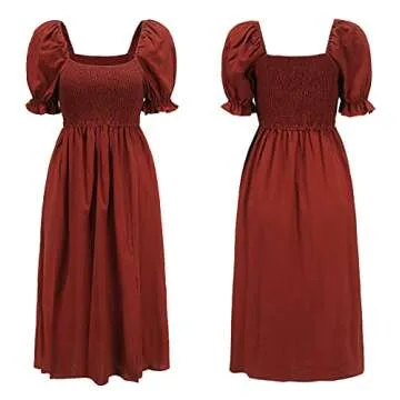 R.Vivimos Summer Dress for Women Cotton Puff Sleeves Casual Off-Shoulder Boho Side Slit Midi Dress (Small, RustRed)