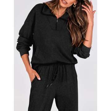 BTFBM Women's 2 Piece Tracksuit Fall Outfits 2025 Long Sleeve Half Zip Sweatshirt Sweatpants Lounge Set Sweatsuits(Solid Black,Medium)