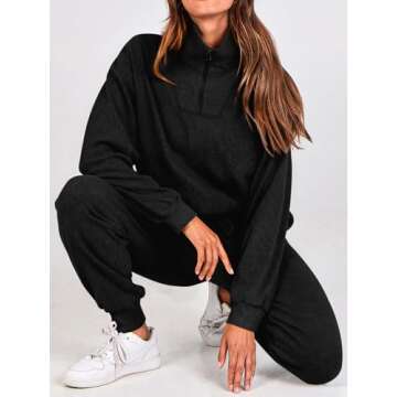 BTFBM Women's 2 Piece Tracksuit Fall Outfits 2025 Long Sleeve Half Zip Sweatshirt Sweatpants Lounge Set Sweatsuits(Solid Black,Medium)