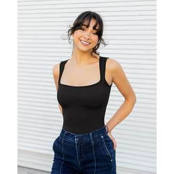 SUUKSESS Women Ribbed Square Neck Bodysuit Sleeveless Tank Tops Padded Tummy Control Leotard (Black,S)