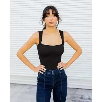 SUUKSESS Women Ribbed Square Neck Bodysuit Sleeveless Tank Tops Padded Tummy Control Leotard (Black,S)