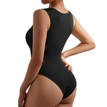 SUUKSESS Women Ribbed Square Neck Bodysuit Sleeveless Tank Tops Padded Tummy Control Leotard (Black,S)