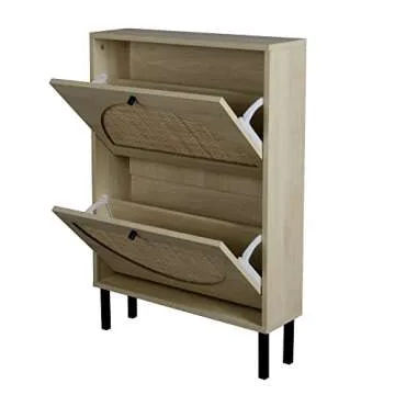SSLine Shoe Cabinet with 2 Flip Down Storage Shelves Free-Standing Shoe Rack Rustic Wood Shoe Storage Organizer with Unique Rattan Decor for Entryway Hallway Doorway (Natural)
