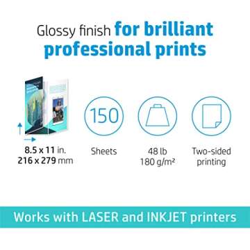 HP Professional Tri-fold Business Paper, Glossy, 8.5x11 in, 48 lb, 150 sheets, works with inkjet, Pa...