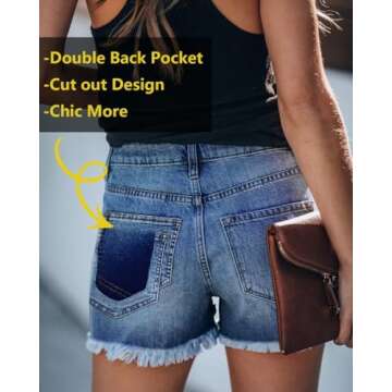 ZOLUCKY Jean Shorts for Women Stretchy Ripped Jean Shorts Mid Waisted Shorts Frayed Raw Hem Denim Sh...