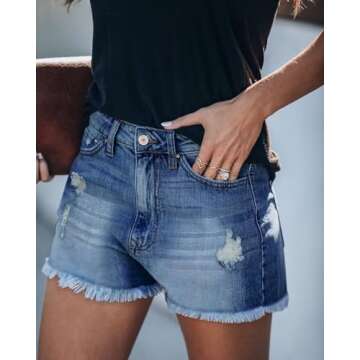 ZOLUCKY Jean Shorts for Women Stretchy Ripped Jean Shorts Mid Waisted Shorts Frayed Raw Hem Denim Shorts Navy M