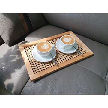 Youth Korea Large Rectangular Ash Wood Rattan Tray (Wood Color) Decorative Hand-Woven Serving Tray Made from Wooden Material for Serving Coffee, Breakfast, Food, Snack Drink, 40 x 25 x 2 Cm