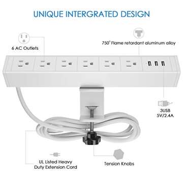 CCCEI Metal 6 Outlet Clamp Power Strip with USB Ports