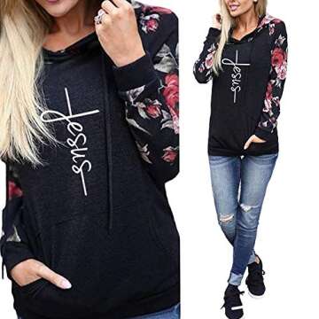 shifeier Women Floral Jesus Print Pullover Hoodie Casual Long Sleeve Drawstring Hooded Sweatshirt wi...