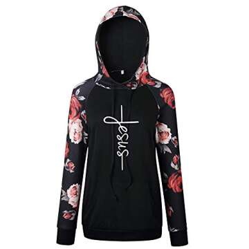 shifeier Women Floral Jesus Print Pullover Hoodie Casual Long Sleeve Drawstring Hooded Sweatshirt with Pocket Black XL