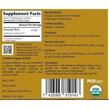 Iyasa Holistics Organic Shatavari Root Powder Value Pack of 8 oz/227 Gm, Asparagus racemosus, USDA Organic Ayurveda herb, Women's Health Tonic, General Rejuvenating Tonic Resealable Pouch