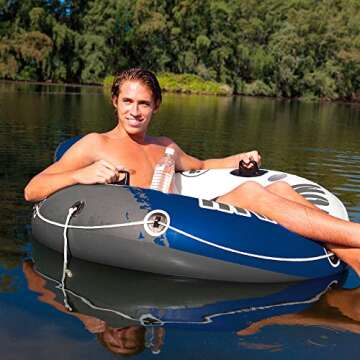 INTEX 58825EP River Run 1 Inflatable Floating Lounge: Comfortable Backrest – Built-in Cup Holders – Durable Grab Handles – All Around Grab Rope – 220lb Weight Capacity– Blue