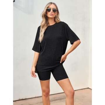 AUTOMET Women's Summer 2 Piece Outfits Lounge Sets Ribbed Knit Short Sleeve Loose Top and Bodycon Shorts Pajamas Set 2024