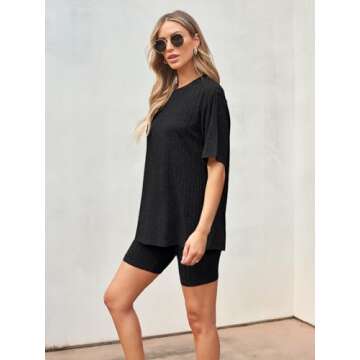 AUTOMET Women's Summer 2 Piece Outfits Lounge Sets Ribbed Knit Short Sleeve Loose Top and Bodycon Shorts Pajamas Set 2024