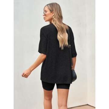 AUTOMET Women's Summer 2 Piece Outfits Lounge Sets Ribbed Knit Short Sleeve Loose Top and Bodycon Shorts Pajamas Set 2024