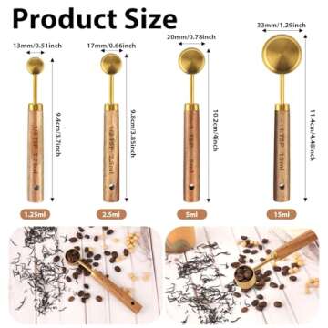 Measuring Spoons Set of 4, Stainless Steel Gold Measuring Cups Measuring Spoon with Wooden Handle Me...