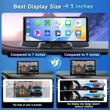 Podofo Wireless Carlay Portable Car Stereo, 9.3 Inch HD IPS Carplay Screen with Android Auto, 2.5K Dash Cam, 1080P Backup Camera, Loop Recording, 64G TF Card, Navigation, Dual Bluetooth, AUX/FM