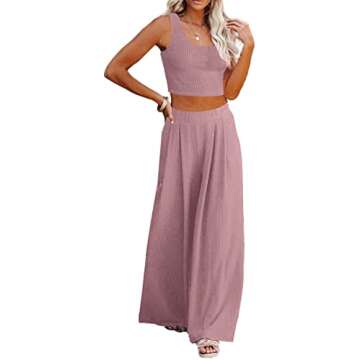 Lveberw Lounge Set Womens, Outfits Sets, Ribbed Crop Top Sleeveless, Palazzo Pants - Loose Sweatsuit Knit,2 Piece Pajamas(Lotus Pink, Small)