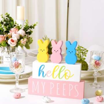 Treory Easter Decorations for the Home: 5pcs Easter Bunny Wooden Table Centerpiece Signs, Cute Easter Decor Peep Rabbits Wooden Block Set Table Décor Farmhouse Rustic Tiered Tray Décor Easter Gifts