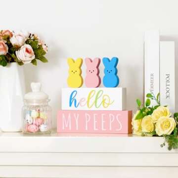 Treory Easter Decorations for the Home: 5pcs Easter Bunny Wooden Table Centerpiece Signs, Cute Easter Decor Peep Rabbits Wooden Block Set Table Décor Farmhouse Rustic Tiered Tray Décor Easter Gifts