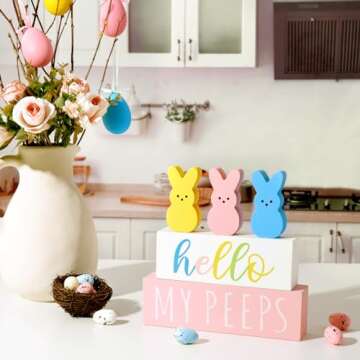Treory Easter Decorations for the Home: 5pcs Easter Bunny Wooden Table Centerpiece Signs, Cute Easter Decor Peep Rabbits Wooden Block Set Table Décor Farmhouse Rustic Tiered Tray Décor Easter Gifts